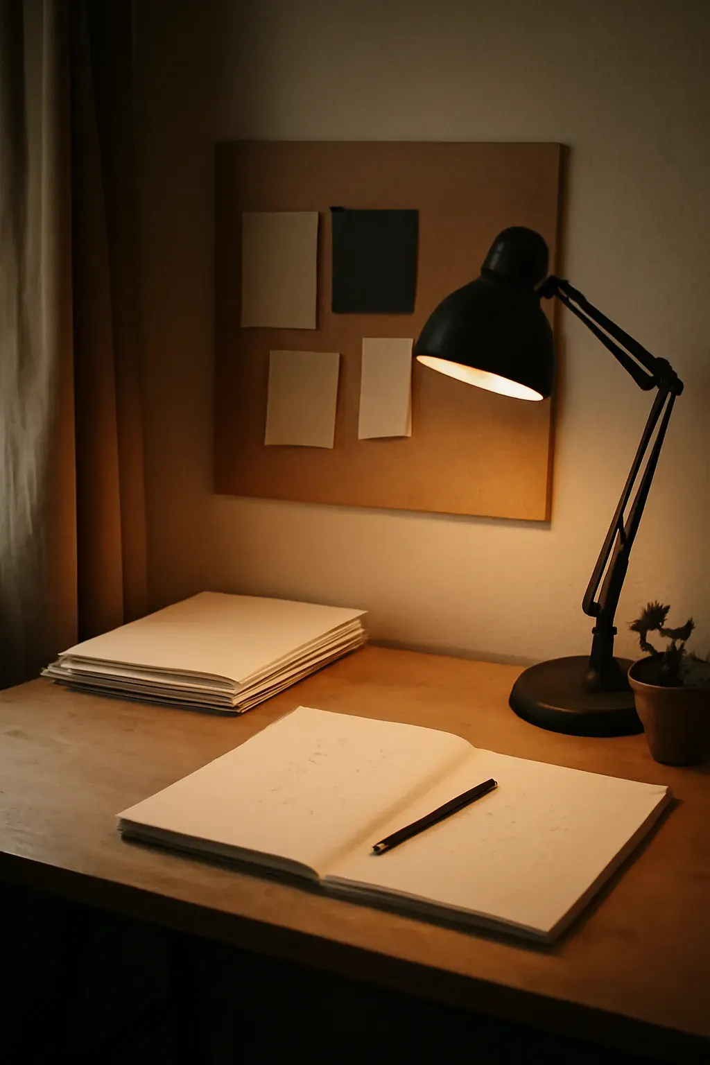 The studio workspace, ink/vermilion duotone